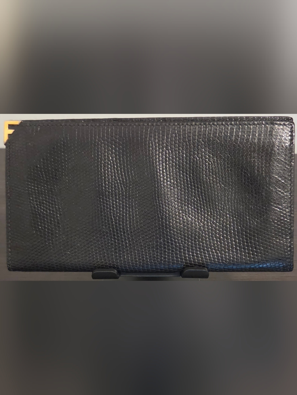 Salvatore Ferragamo Black Lizard Embossed Leather Long Wallet Italy Gold Corner